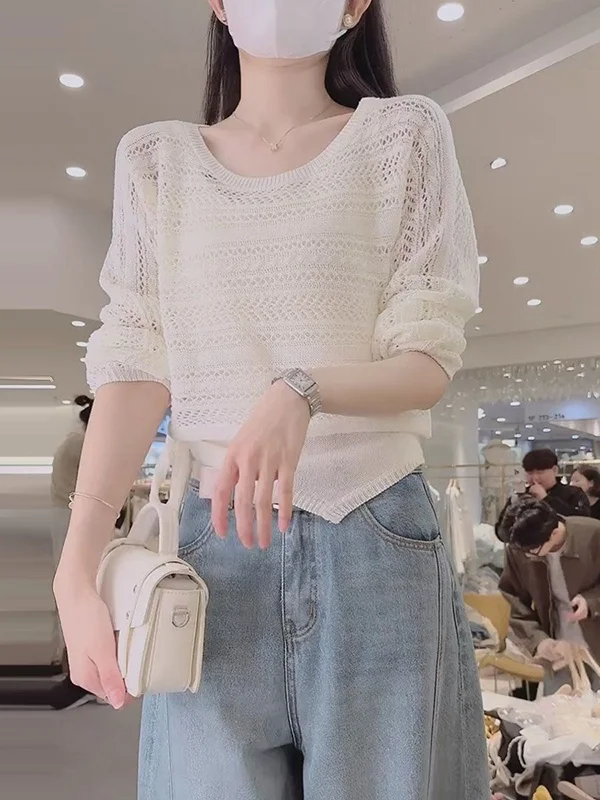 

Dopamine Summer Thin Hollow out Knitted Top And Bottom Set Korean Style Strap Design Fashionable Two Piece Women's Ensemble