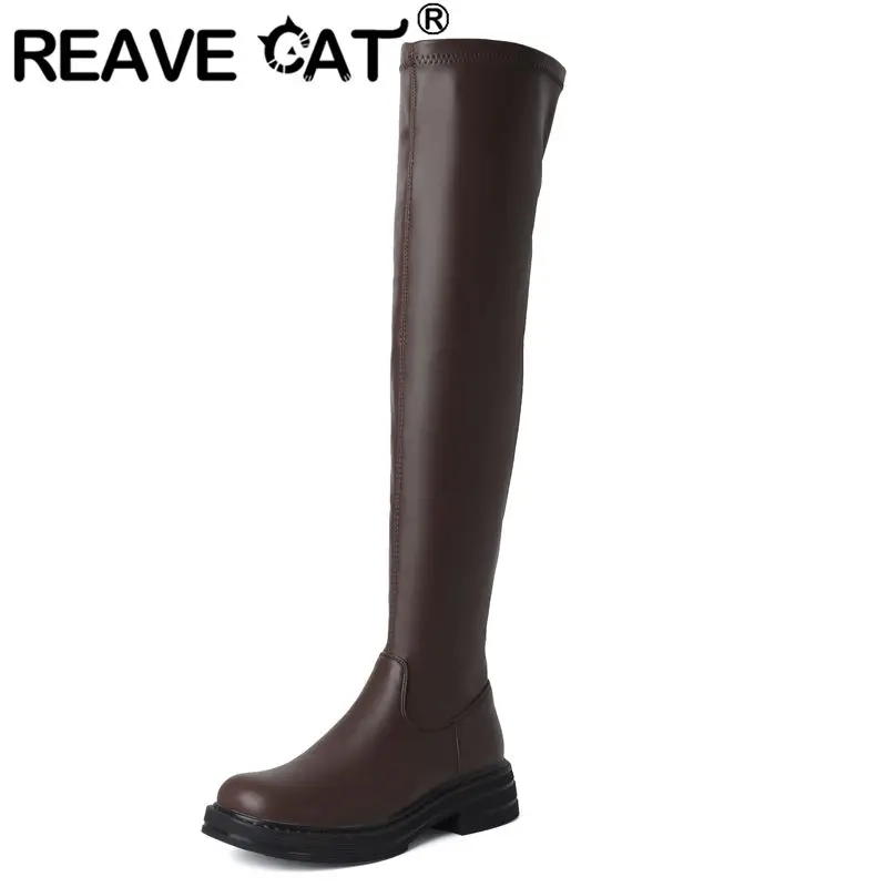 REAVE CAT Brand Leisure Woman Thigh Boots Round Toe Flats Zipper Soft Vintage Stretch Bota Small Size 33 Winter Daily Soft Shoes