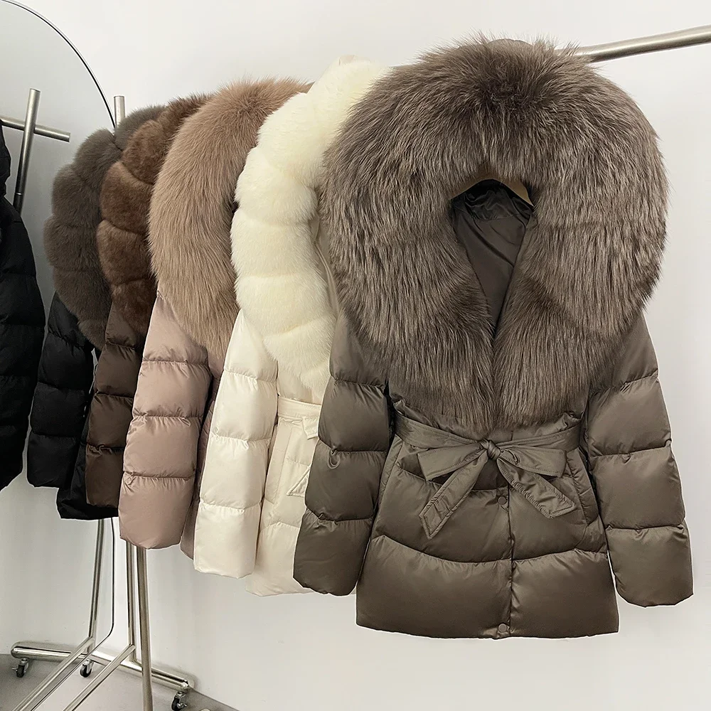 Piumino da donna con cappuccio 90% piumino d'anatra moda lusso grande pelliccia di volpe argento naturale spesso caldo Parka femminile 2025 inverno impermeabile