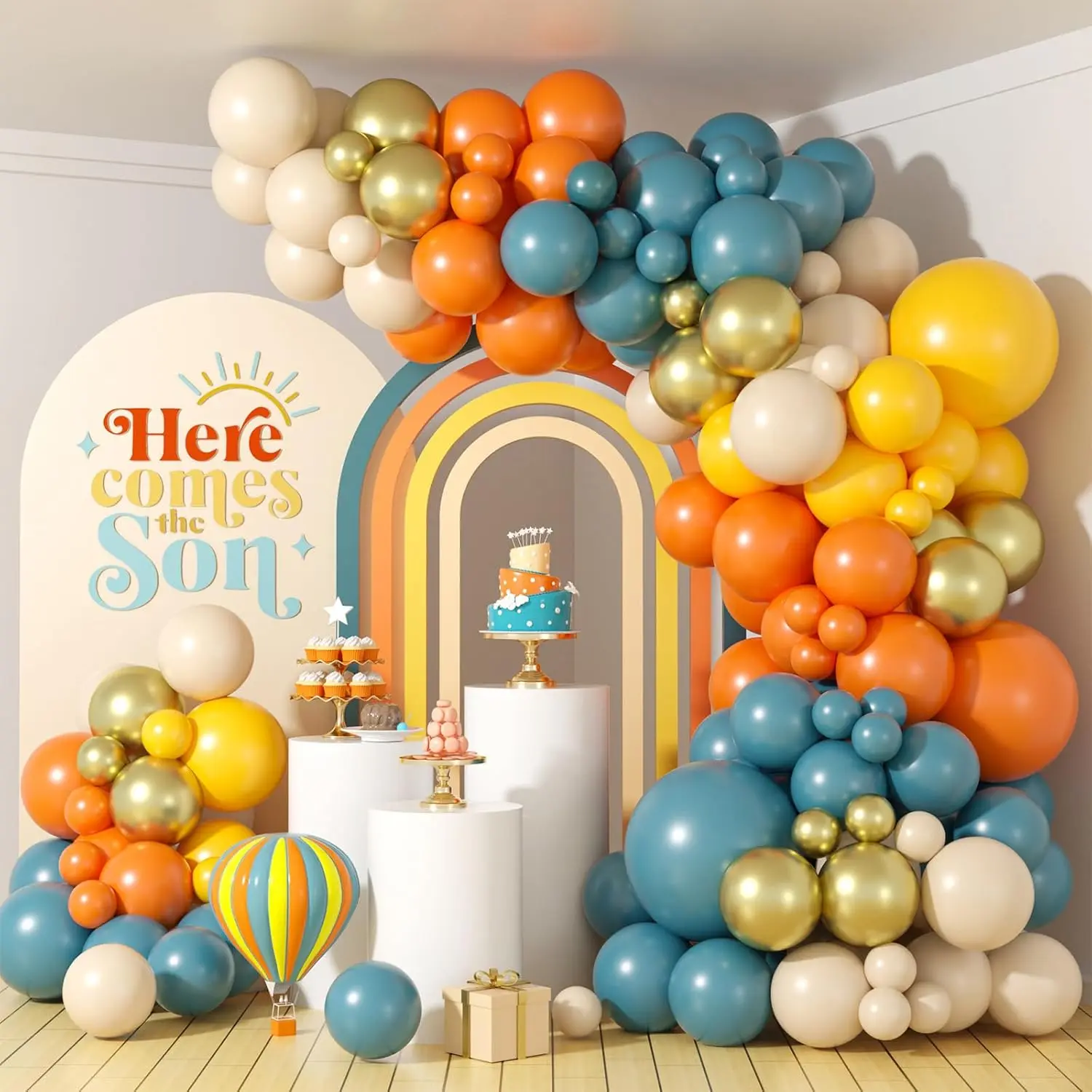 Here Comes the Son Balloon Garland Slate Blue Mustard Yellow for Baby Shower Boy First Trip Around the Sun Theme Birthday Party