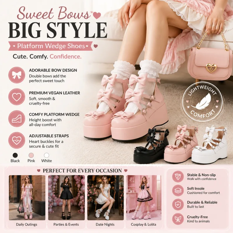 Lolita Bow Mary Jane Shoes Bow Platform High Heel Shoes Y2K Cute Chunky Sole Soft Girl Dress Shoes For Women Plus Size Gift New