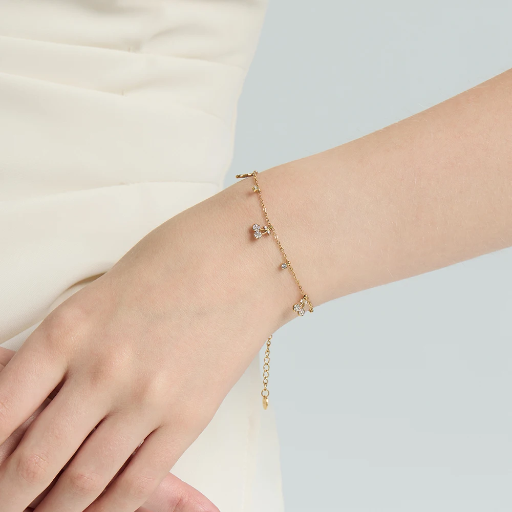 

Sparkling Cubic Zirconia Cherry Charms Bracelet 18K Gold Plated Stainless Steel Luxury Waterproof Jewelry Gift for Women