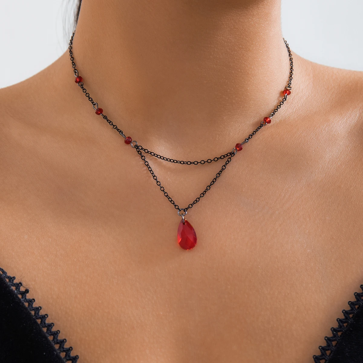 Ingemark mehr schicht ige schwarze Wasser tropfen Kristall Anhänger Choker Halskette Frauen Kragen Vintage Link Choker Y2k Schmuck Zubehör – Detail 10