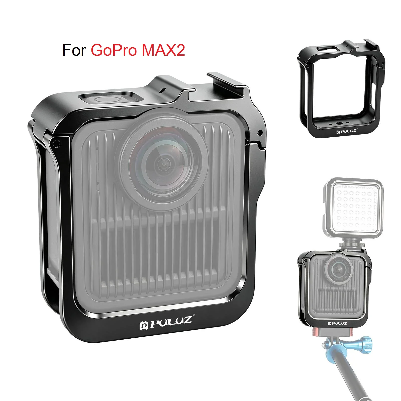 PULUZ Aluminum Alloy Camera Cage Protective Frame For GoPro MAX2 Housing Border Frame with Cold Shoe & Adapter Accessories