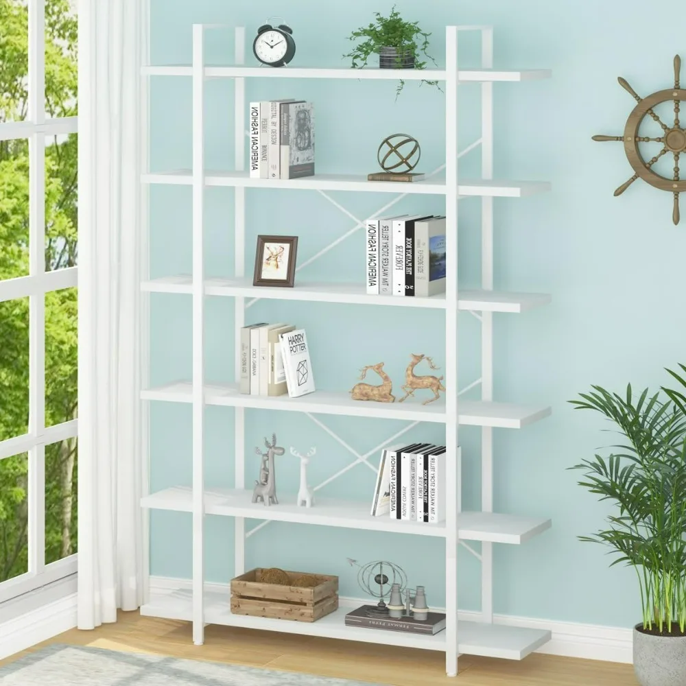 6 Tier Tall White Bookshelf, Vertical Metal and Wood White Bookcases 6 Shelf Open Large Storage Bookshelves & Display Bookshelf