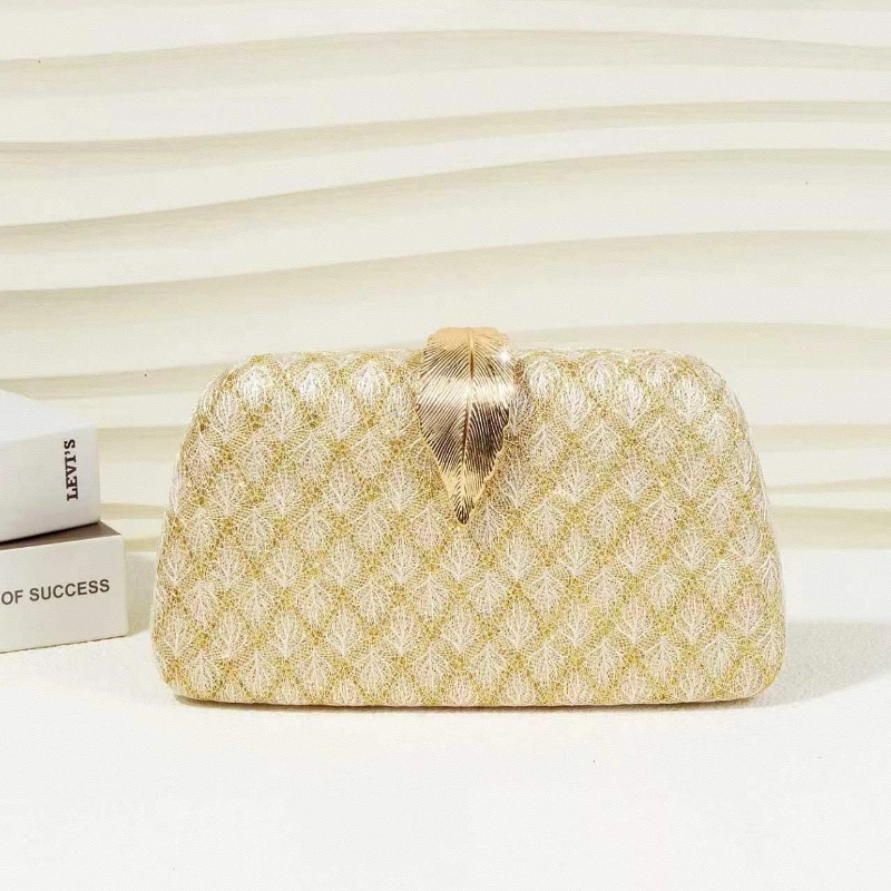Bolso de mano de lujo con hebilla de hoja metálica y encaje dorado, bolso de cóctel para mujer, bolso de noche, bolso de fiesta de boda, bolso formal, bolso de fiesta para mujer.