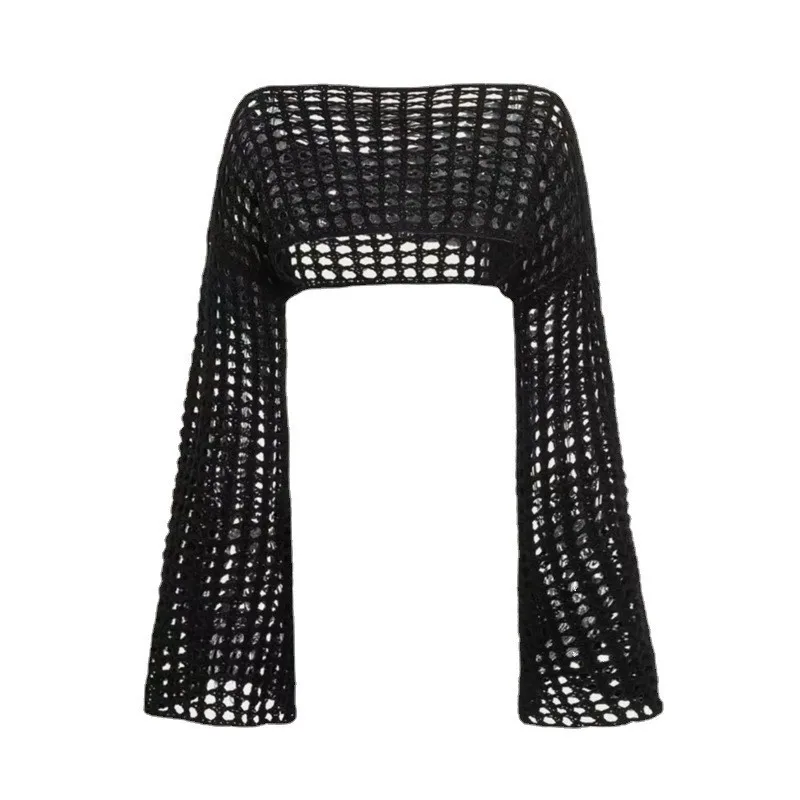 2024 nuove donne Y2k coperte lavorate a maglia Crop Top Crochet scava fuori ritaglio manica lunga Bolero maglione grembiule Top Beach Cover Up Tee