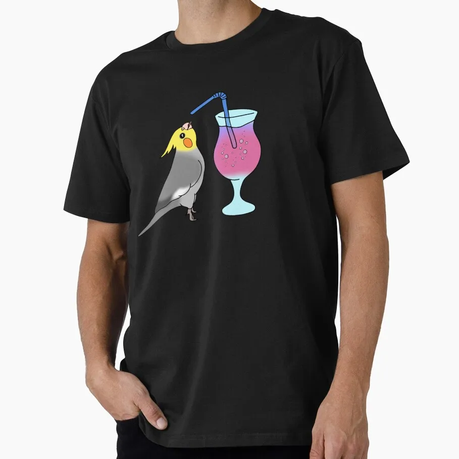 Cockatiel sipping cockatail Funny Parrot Gift T-shirt for Birds Lover Short Sleeve Graphic Clothes All Size Top Unisex Tee S-6XL