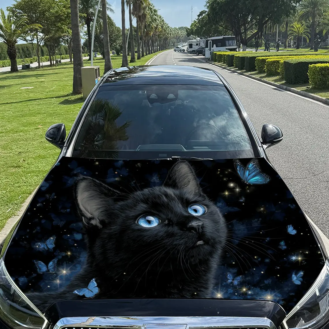 Autocollant de capot de voiture imperméable en PVC, chat noir affascinant avec yeux bleus et papillons, autocollant auto-adhésif pour capot de voiture