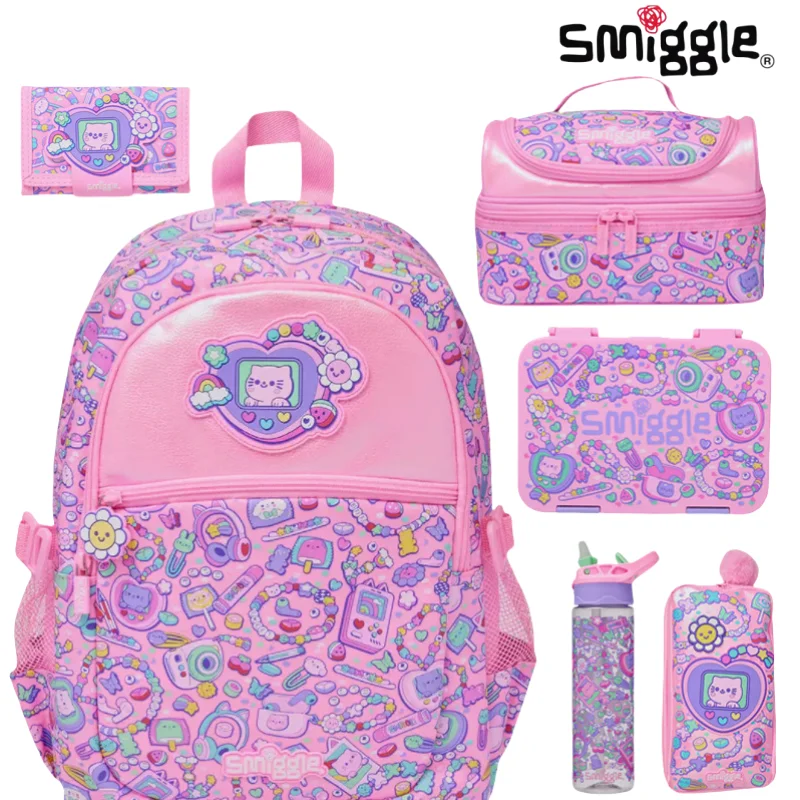 

New Australia Smiggle Pink Cat Necklace Backpack Children Student School Bag Stationery Pen Case Lunch Bag Backpack Girl Gift