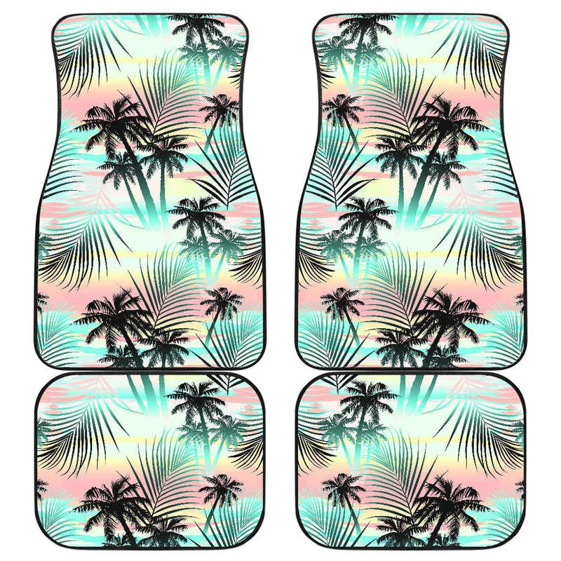 

Pastel Palm Tree Pattern Print Front And Back Car Floor Mats Heavy Carpet Front And Rear Full Set 4PCs Pack
