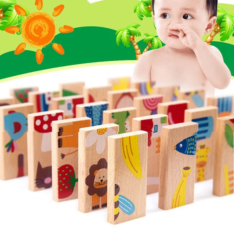 Baby Toys Domino Beech Wood Carton Animal Solitaire Domino 28Pcs Building Blocks Classic Educational Toys