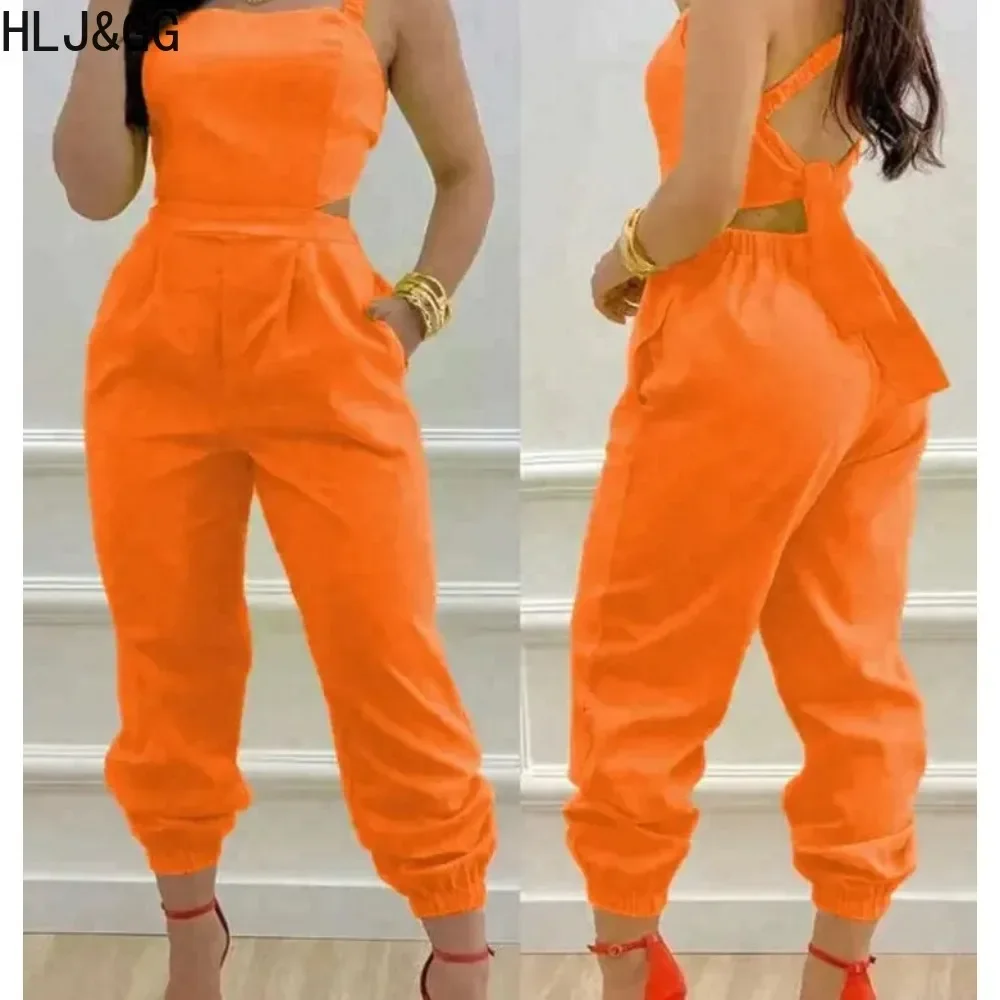 

HLJ&GG Fashion Solid Hollow Backless Bandage One Pieces Jumpsuits Women Strap Sleeveless Pocket Cargo Playsuits Female Overalls