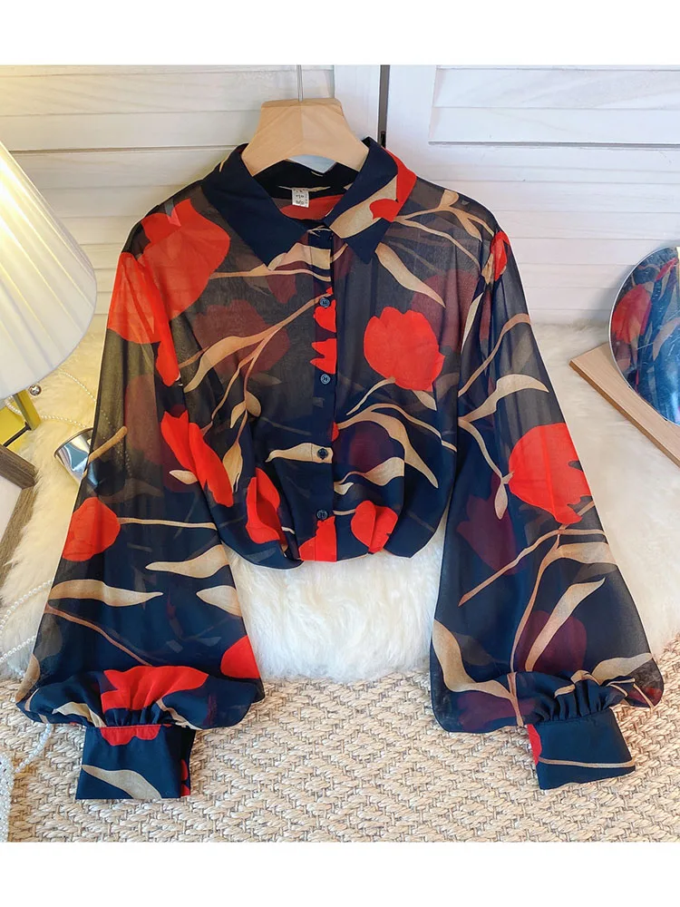 Women Sprin Autumn Shirt Polo Neck Long Sleeve Single Breasted Printed Chiffon Shirt Thin Western Versatile Slim Top D5499