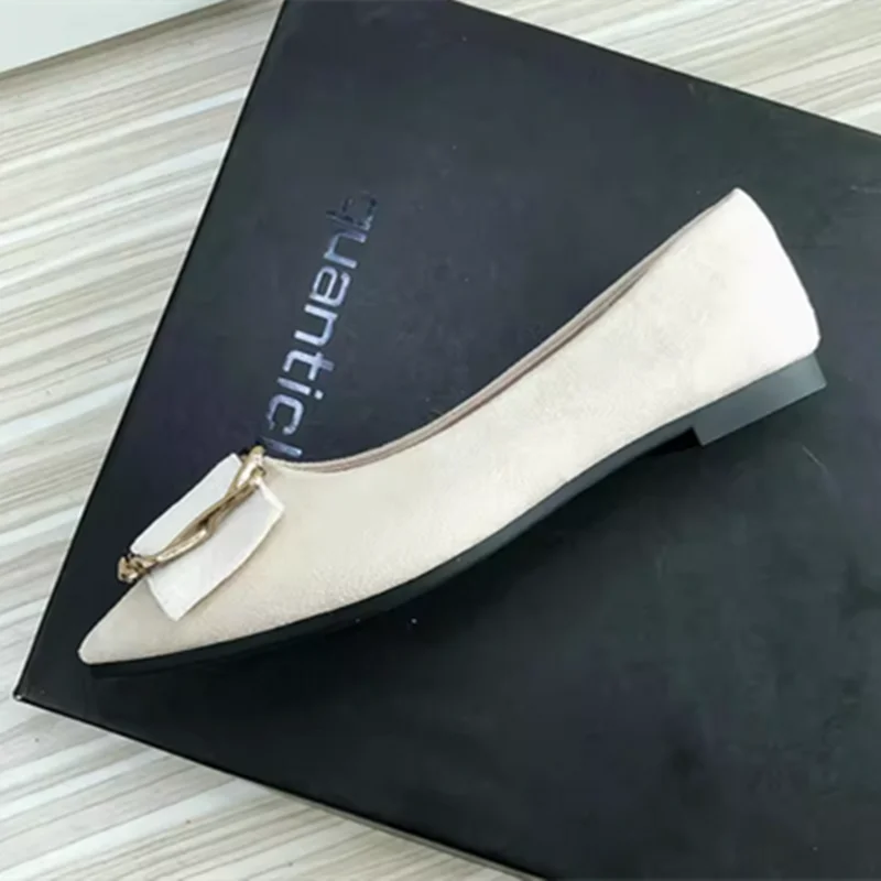 Women Simple Metal Buckle Flats Nubuckle Leather Pointy Toe Outdoor Slip-On In Red Beige Narrow Tender Feet Footwear 33-48 28cm