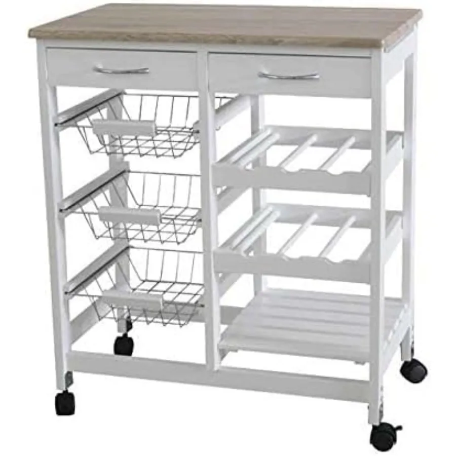 Kitchen Island Cart with Drawers and Lockable Wheels for Dining Room and Coffee Bar Mobile Rolling Serving Trolley with Open Sh
