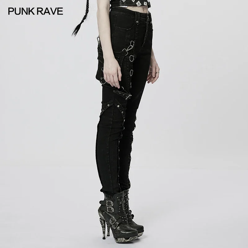 PUNK RAVE Women's Punk Heavy Metal Denim Pants with Detachable Leg Bag Splicing Mesh Elements Daily Black Rousers Spring/autumn