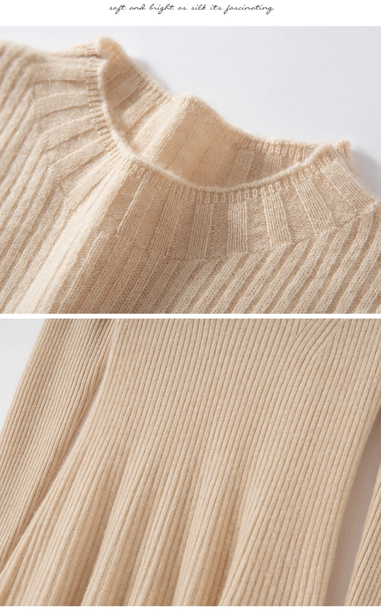 

TLOML Women 100% Cashmere Dresses Mock Neck Waist Cinching Dresses Knee Length Slim Autumn Winter Office Lady Cashmere Knitwear