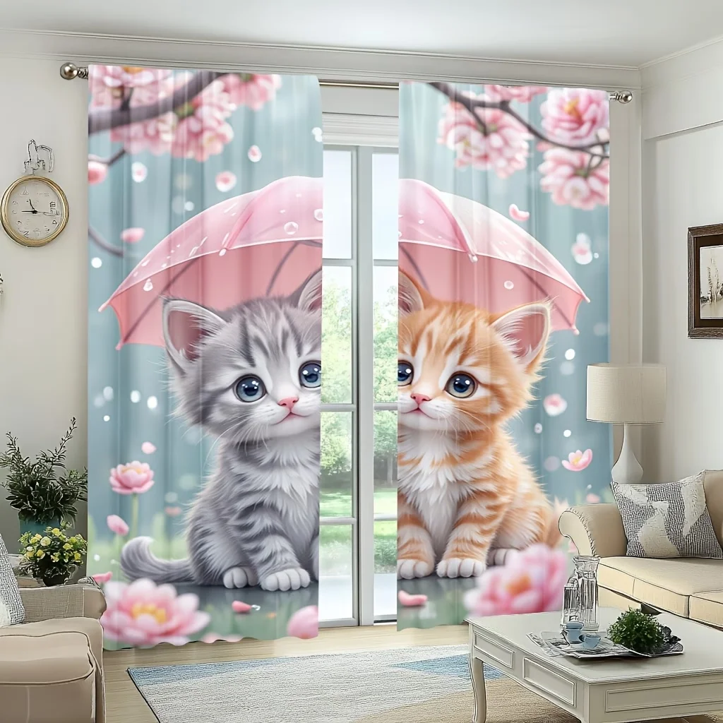 2PCS Digital Printed Curtains, Cat with Umbrella Rainy Day Cute Kitty, Window Treatments for Living Room Bedroom Home Decoration