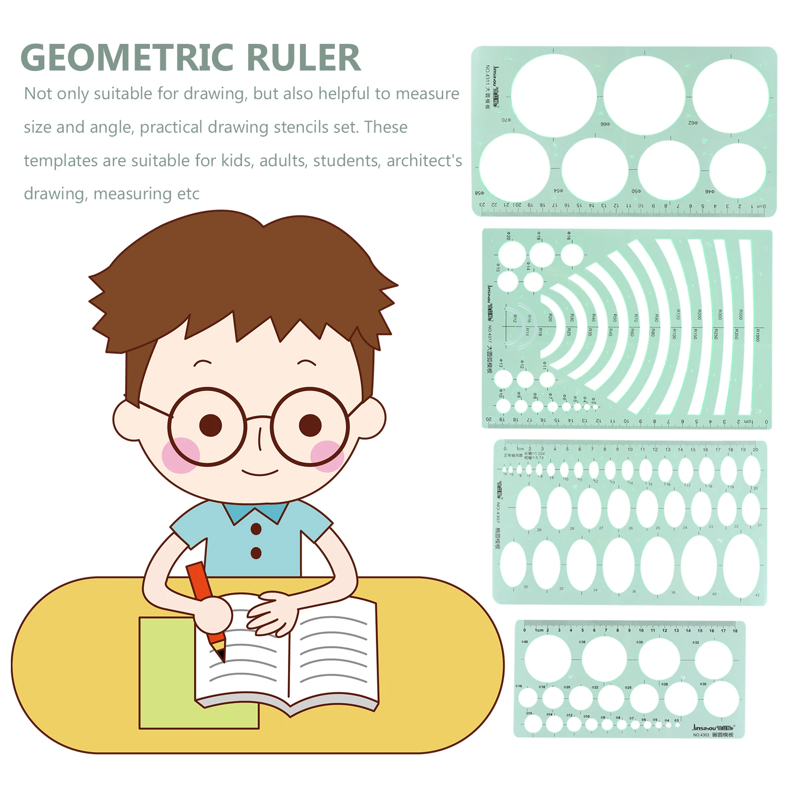 4pcs Geometric Drawing Template Ruler Plastic Measuring Tool For Students Architects Stencils Set Geometry Rulers