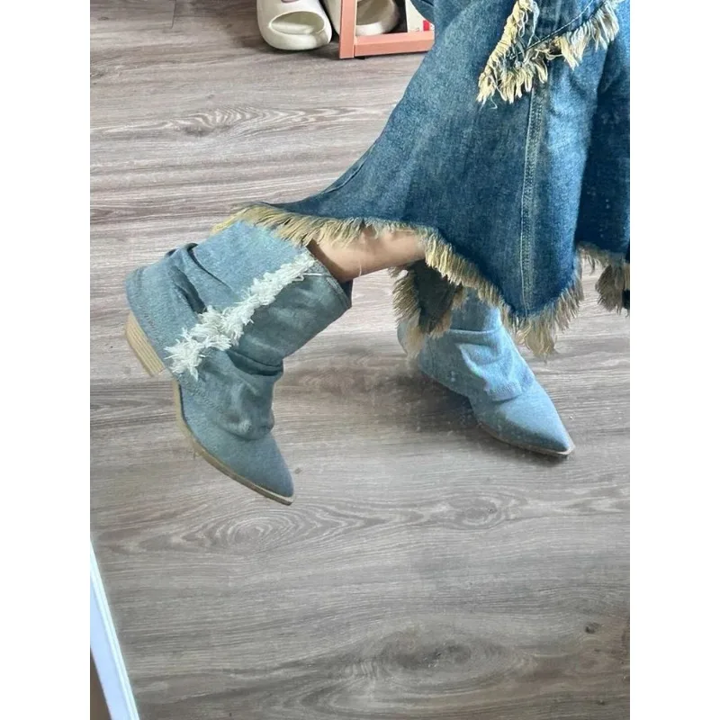 Nowe plisowane buty jeansowe do kolan dla kobiet jesienne buty ze szpiczastym noskiem masywne obcasy kowbojki kobiety Plus rozmiar zachodnich dżinsów