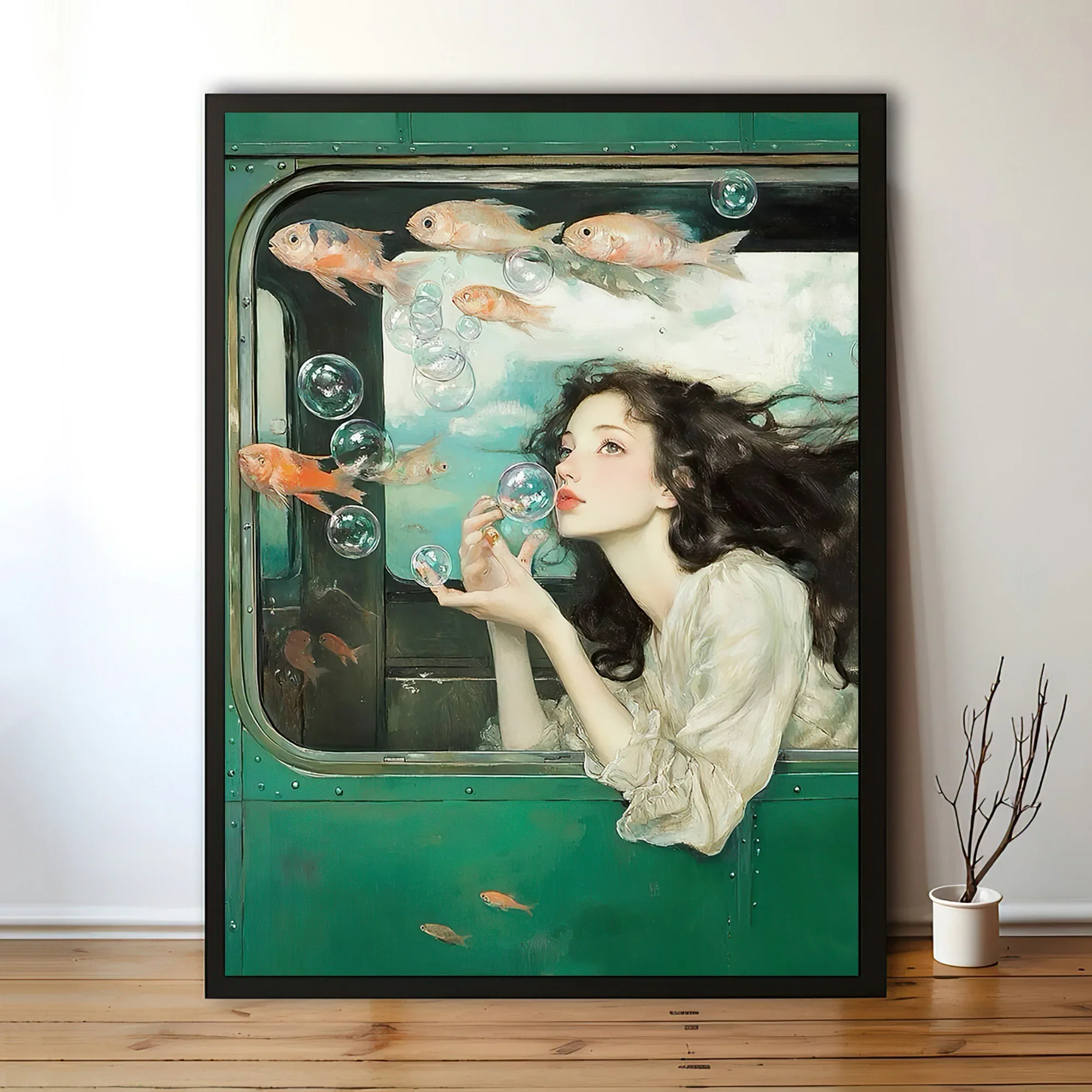 (No frame)2D Flat, 2D Flat/Canvas Print Girl with Long Hair Creating Bubbles/Underwater Setting/Retro Modern Artistic Style/I