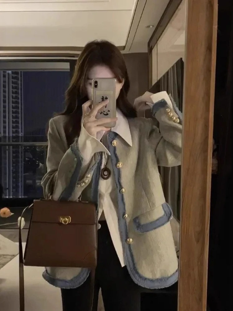 Color Blocking Patchwork Shoulder Pad Suit Jacket for Women's Autumn and Winter Design Niche Temperament Socialite Top