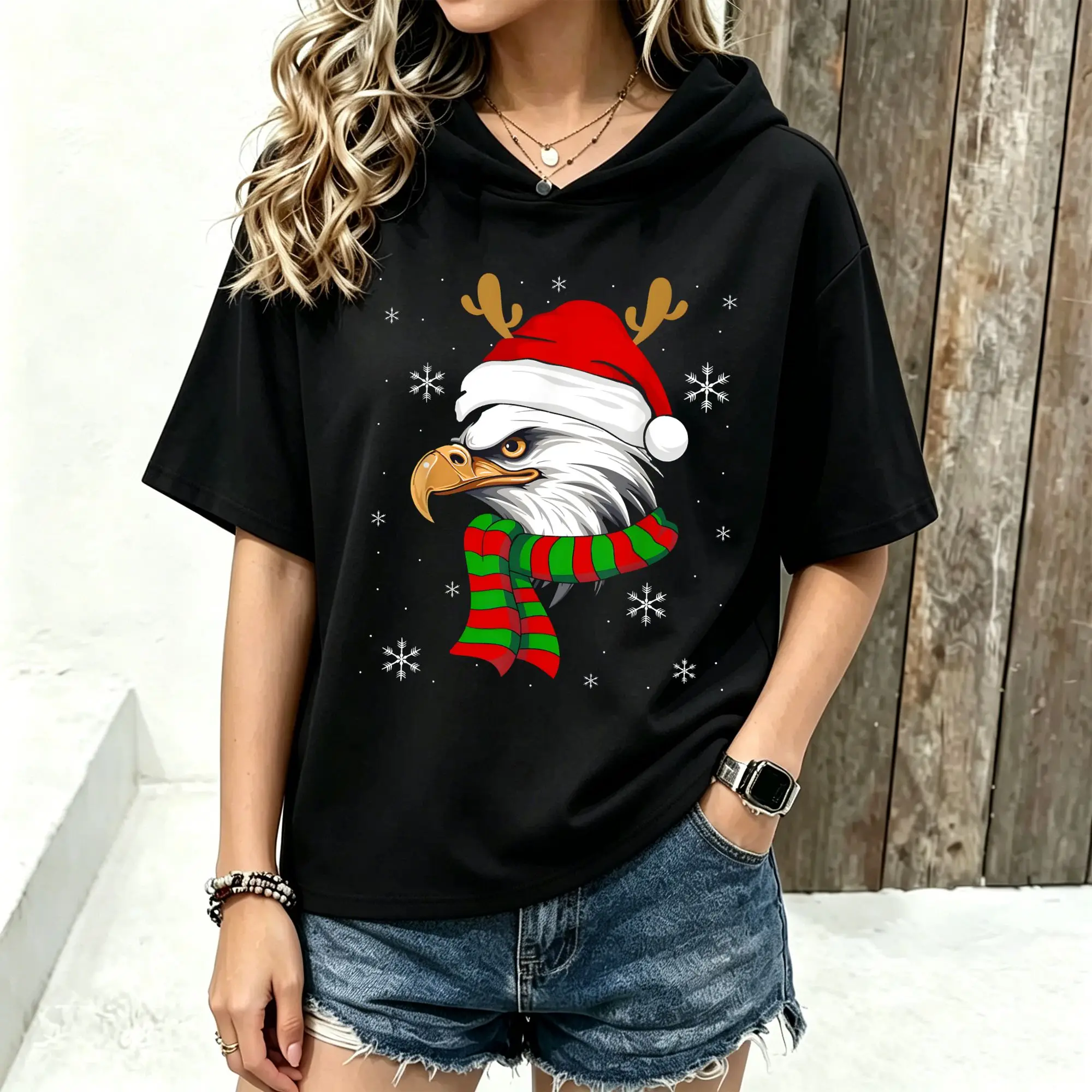 Women Short Sleeve Hooded T‑Shirt Christmas Eagle Santa Hat Reindeer Antlers Striped Scarf Snowflake Holiday Graphic Print Spring Summer Loose Hoodie Tee Streetwear Casual Short Sleeve Hood Tops