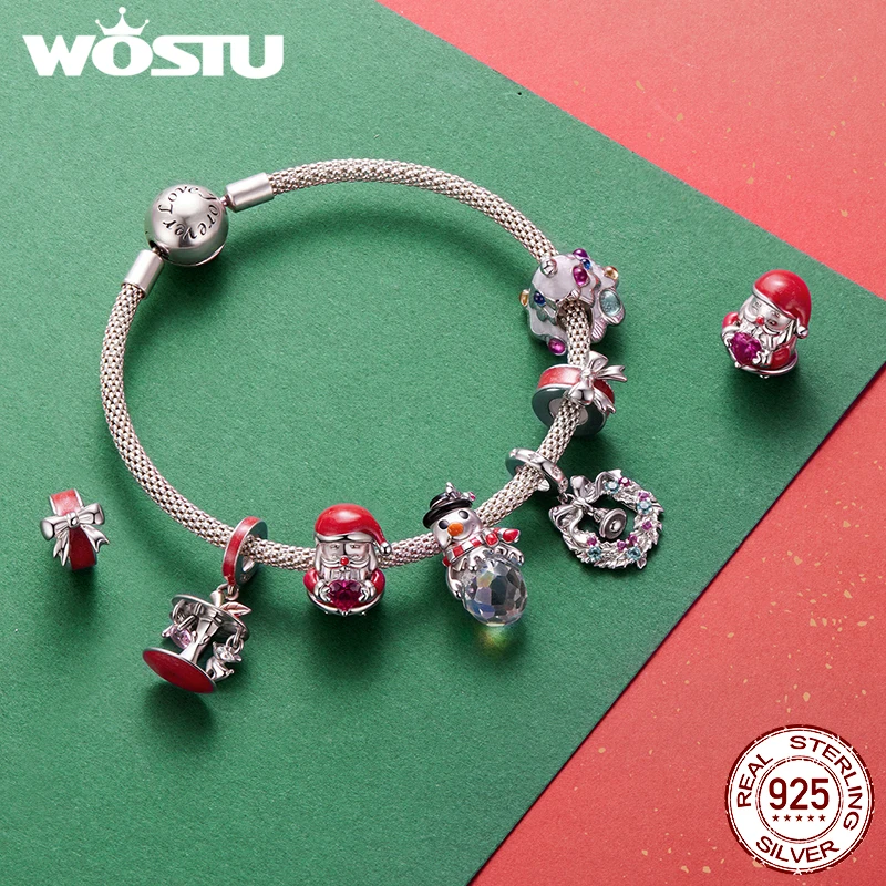 WOSTU 925 Sterling Silver Christmas Tree Charm Santa Claus Bead Snowman Pendant Original Fit for Women Gift DIY Fine Jewelry