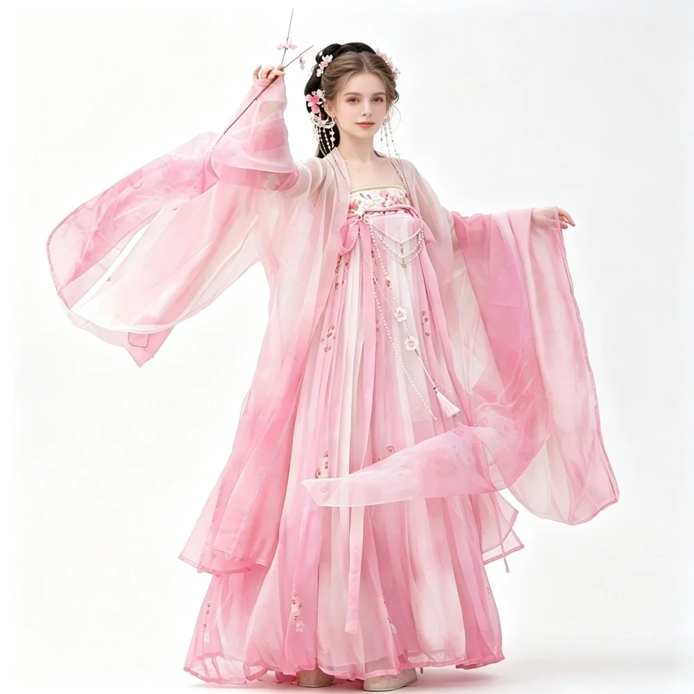 Women Tang Dynasty Hanfu Qixiong Ruqun Set Sheer Wide Sleeve Robe Chinese Traditional Fairy Dress
