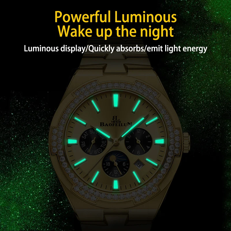 BAOFEILUN ساعة ذهبية فاخرة للرجال ساعات آلية أوتوماتيكية مرآة الياقوت التقويم الكامل الماس مجموعة فستان ساعة اليد هدية