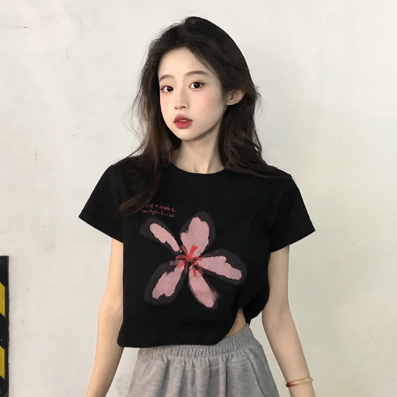 Tシャツ レディース 夏 ハート柄 ルーズ クロップトップス トレンディ レジャー シンプル 韓国風 スイート Футболка Женский 薄手 学生 若い