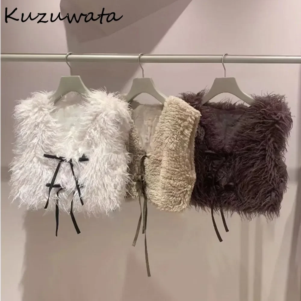 Kuzuwata Vintage French Style Fur Fluffy Vest Lace Up Elegant Minority Feminine Office Lady Jacket Japan Sweet Moda Fresh Coat