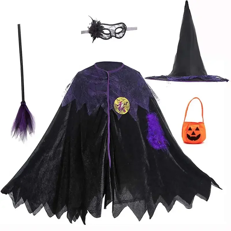 Halloween Witch Costumes For Girls Candy Bag Leggings Hat Broom Clothing Sets Vampire Cosplay Kids Carnival Cosplay