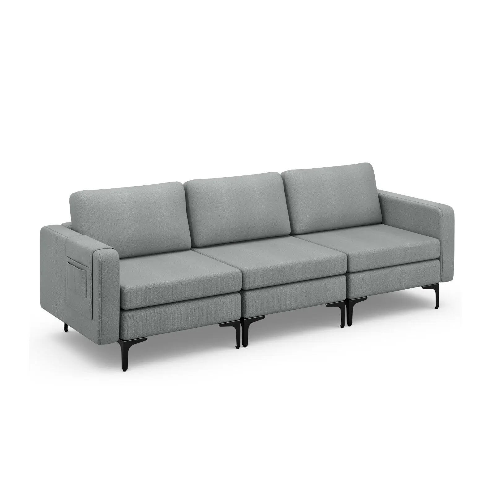 Costway Modern Modular 3-Seat Sofa Couch w/ Side Storage Pocket & Metal Leg Dark Grey