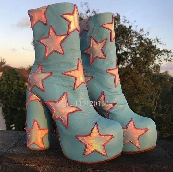 

Women Colorful Star Over Knee Boots Cross Denim Platform Patent Leather Ankle Calf Booties Bling Crystal Rhinestone Design Shoes