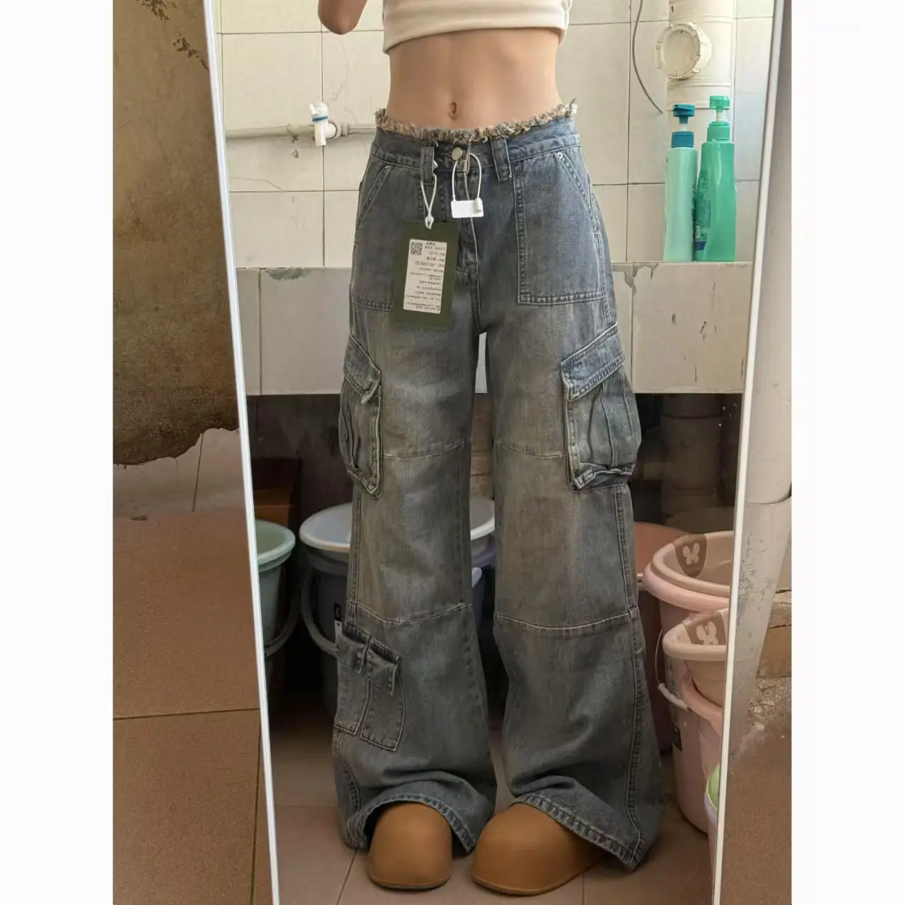 American High Street Multi-pocket Tooling Jeans Women's 2025 New High-waisted Rough Edge Design Sense Versatile
