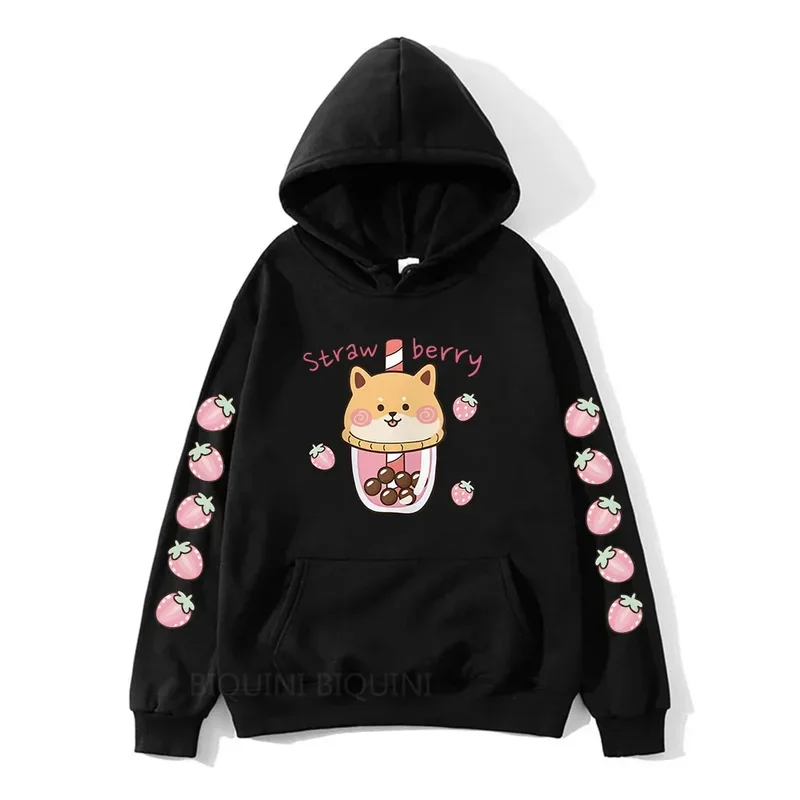 Funny Strawberry Milk Cartoon Graphic Printed Hooded Women Aesthetic Trendy Hoodies Plus Size Sweatshirt Unisex Warm Streetwear