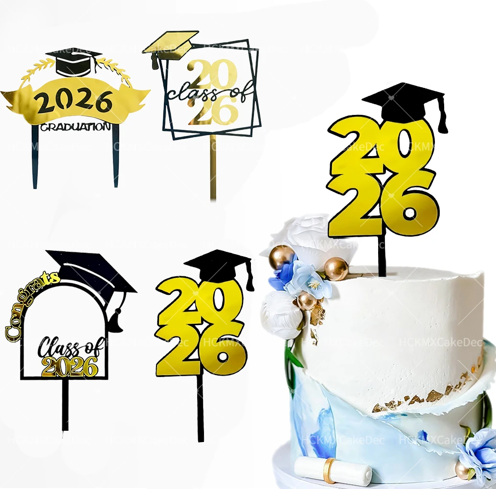 3-teiliges Set Schwarz-Gold Acryl Abschlussfeier Saison 2026 Tortendekoration für Abschluss-Themenparty Kuchendeko-Zubehör