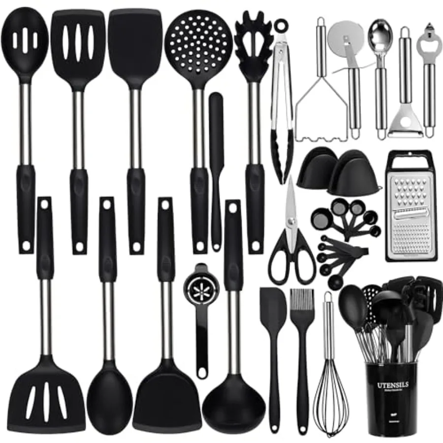 

Silicone Cooking Utensils Set 35 Pcs Kitchen Utensils Set with Holder with Stainless Steel Handle Spatula Set Spoons Pasta Serv