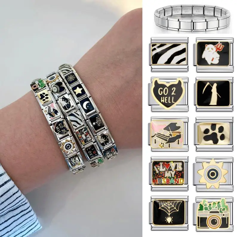 Devil Eye Spider Cat Paw Ghost DIY Making Black White Series Italian Charm Bracelet Elastic Link Chain Stainless Steel Jewelry