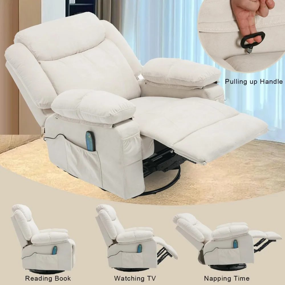Massage Rocker Recliner Chair with Heat for Adult, Fabric Overstuffed Swivel Recliners Single Sofa Reclining Rocking Manual Home
