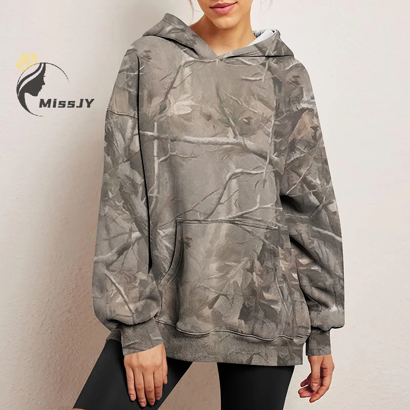 Women\'s Camo Hoodie Maple Leaf Print Oversized Sweatshirt Fleece Hooded Sweatshirt Casual Pullover With Pockets