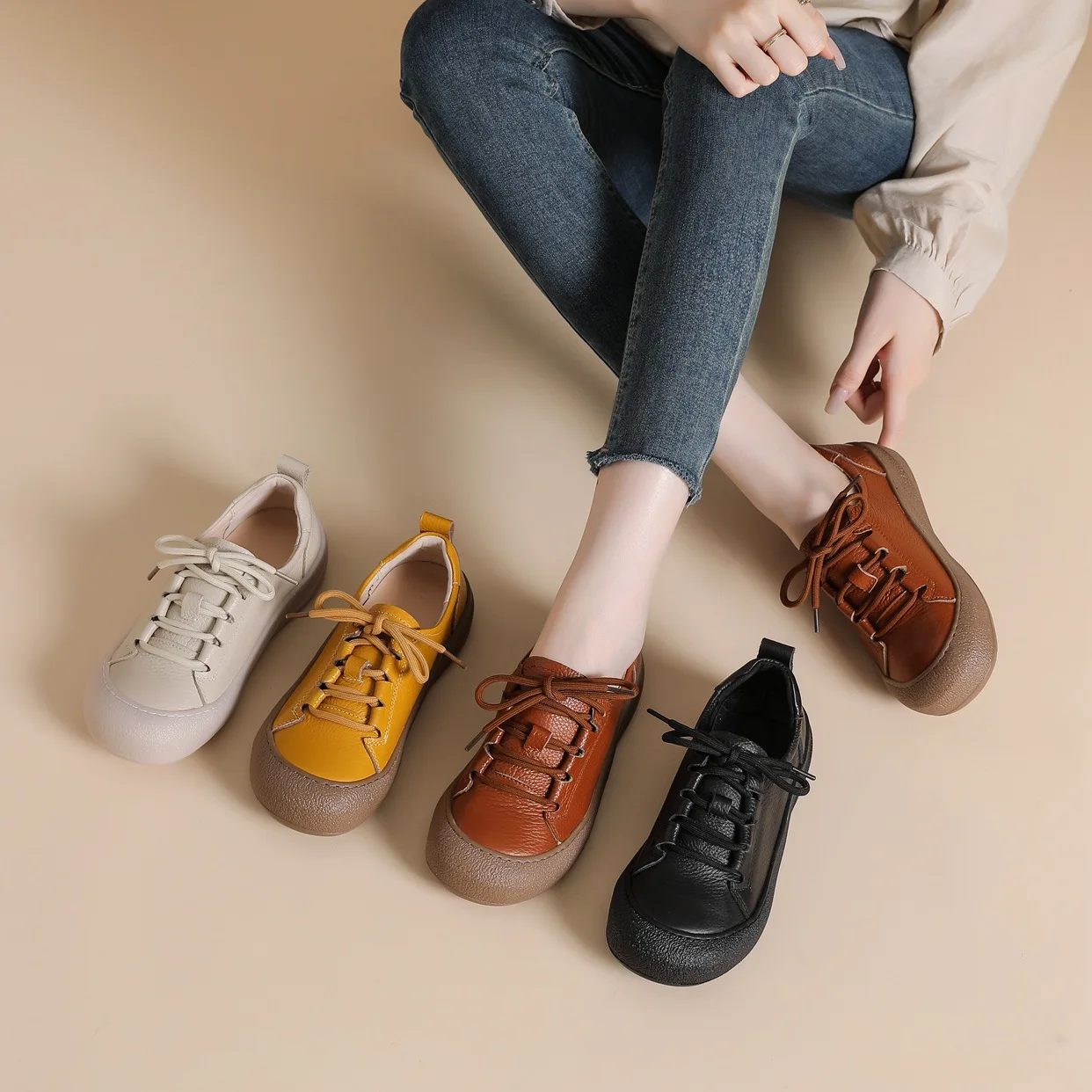 

GKTINOO Genuine Leather Shoes Women Flat Casual Shoes Soft Cow Leather Brand Shoes Black Yellow Comfortable Plus Size 41