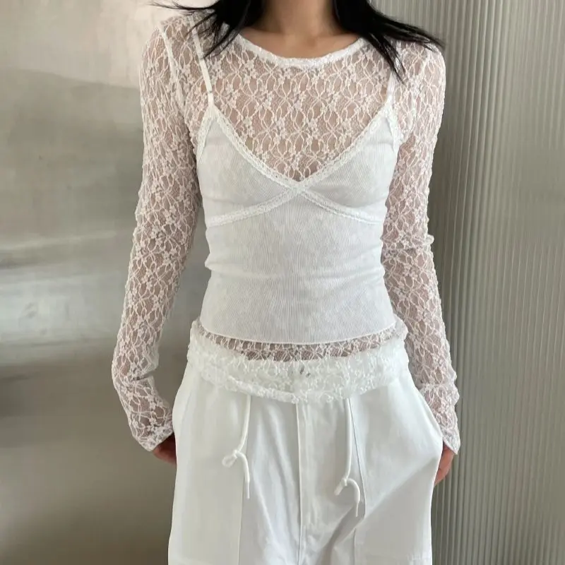 Women's Lace T-Shirt See Through Knitted Mesh Top Stretchy Fitted Long Sleeve Tees Spring Summer Teen-girl Y2K 90s Outfit