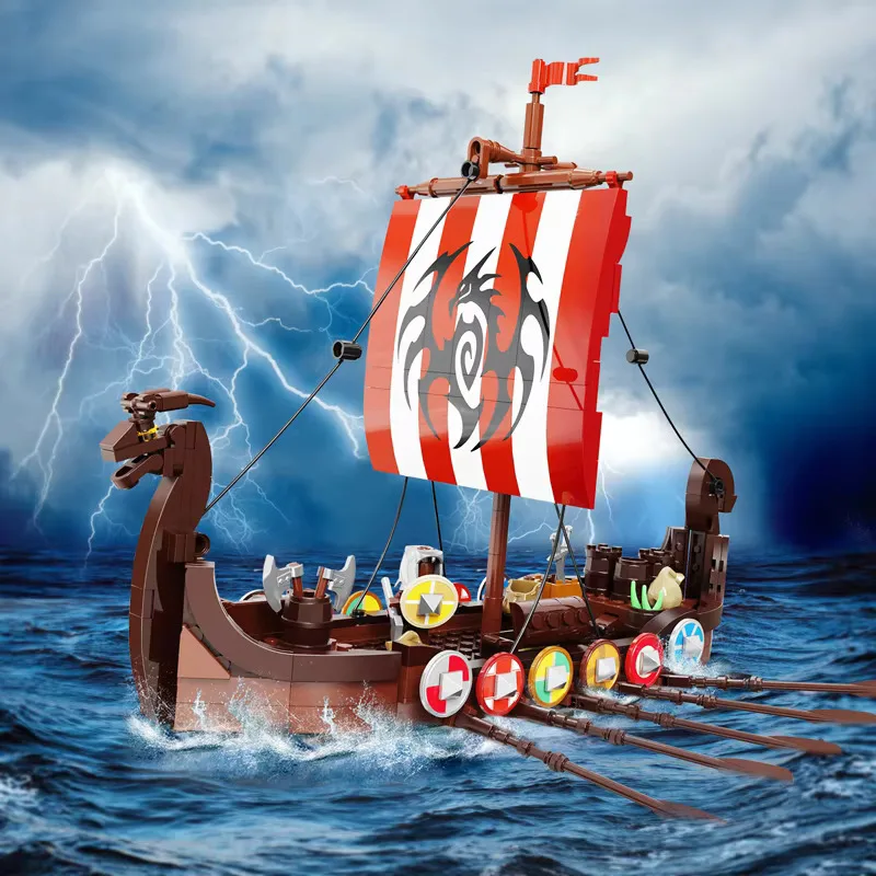 Barco vikingo MOC, pequeño barco pirata vikingo, modelo de bloques de construcción, colección de decoraciones para habitación de niños, juguetes creativos, regalos