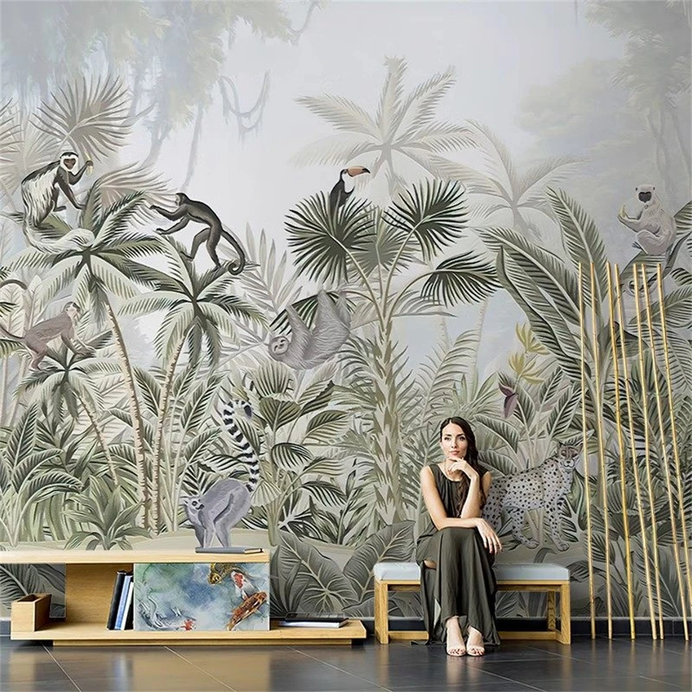 Custom Ancient Tropical Jungle Animals monkey wallpaper living room Peacoark Palm Trees Forest wall paper 3D mural wall stickers