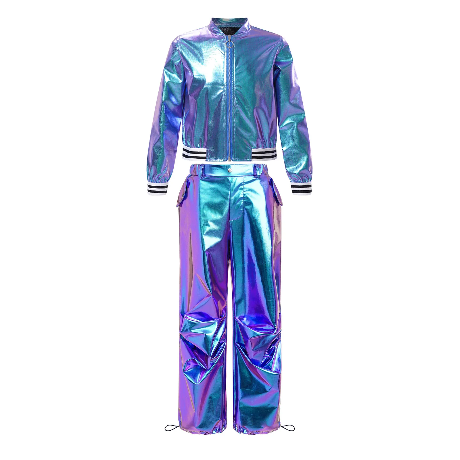 

Kids Girls 70s Disco Dance Party Jazz Stage Performance Costume Long Sleeve Zipper Metallic Jacket with Cargo Pants Streetwear