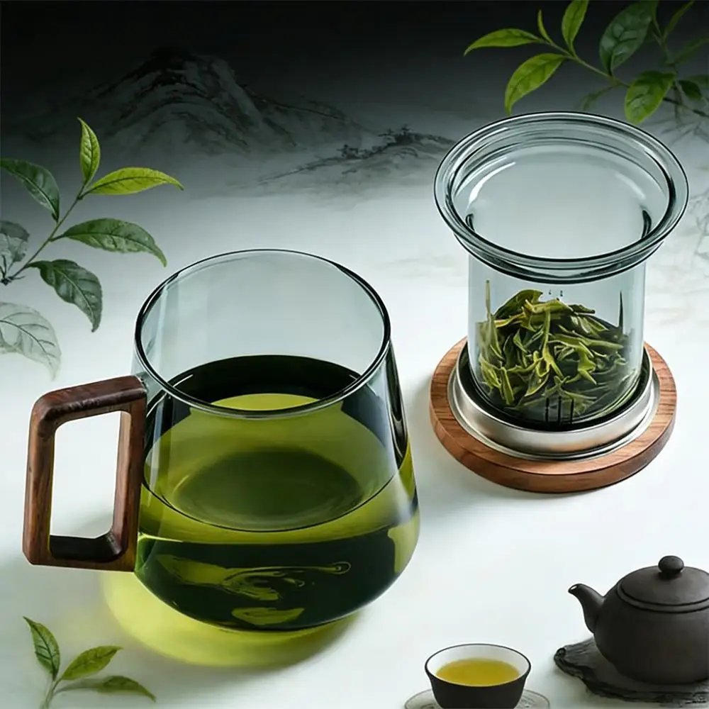 

300-430 мл кружка для чая из боросиликатного стекла, чашка с деревянной ручкой и фильтром и крышкой — офисная кружка для заваривания листовых листьев, подарочная разделенная чайная кружка