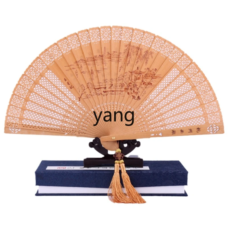 Yjq Chinese Style Gifts Archaic Folding Fan Hollow Carved Hot Printed Pattern Red Sandalwood Fan